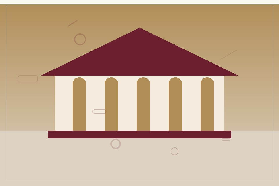 Ivory classical office facade with burgundy roof and muted gold columns